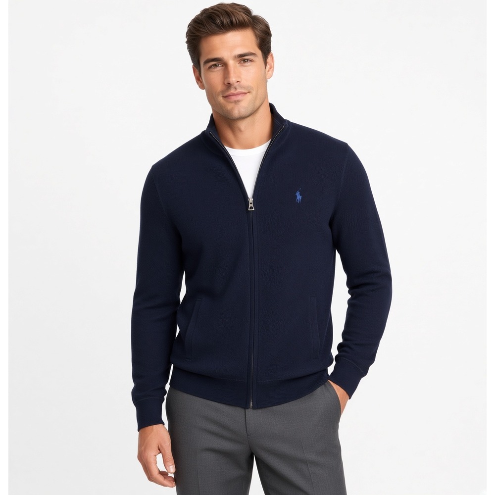 Polo Ralph Lauren Mens Waffle Knit Full Zip Sweater Navy Blue S Small Pony